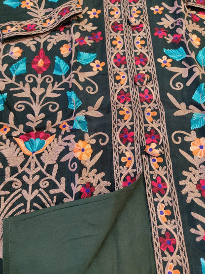Artisan-Crafted Kashmiri Aari Embroidered Jacket - green Floral Statement Coat