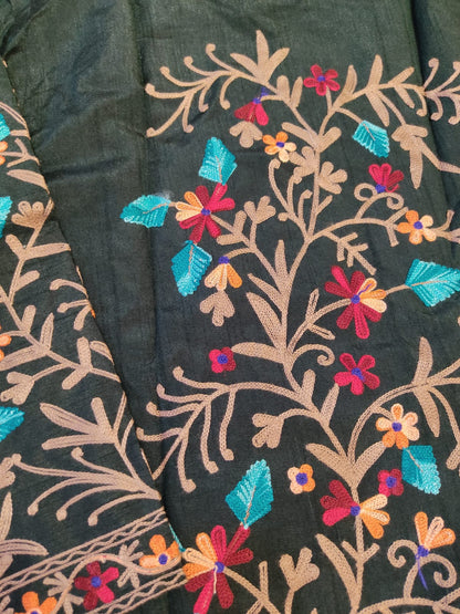 Artisan-Crafted Kashmiri Aari Embroidered Jacket - green Floral Statement Coat