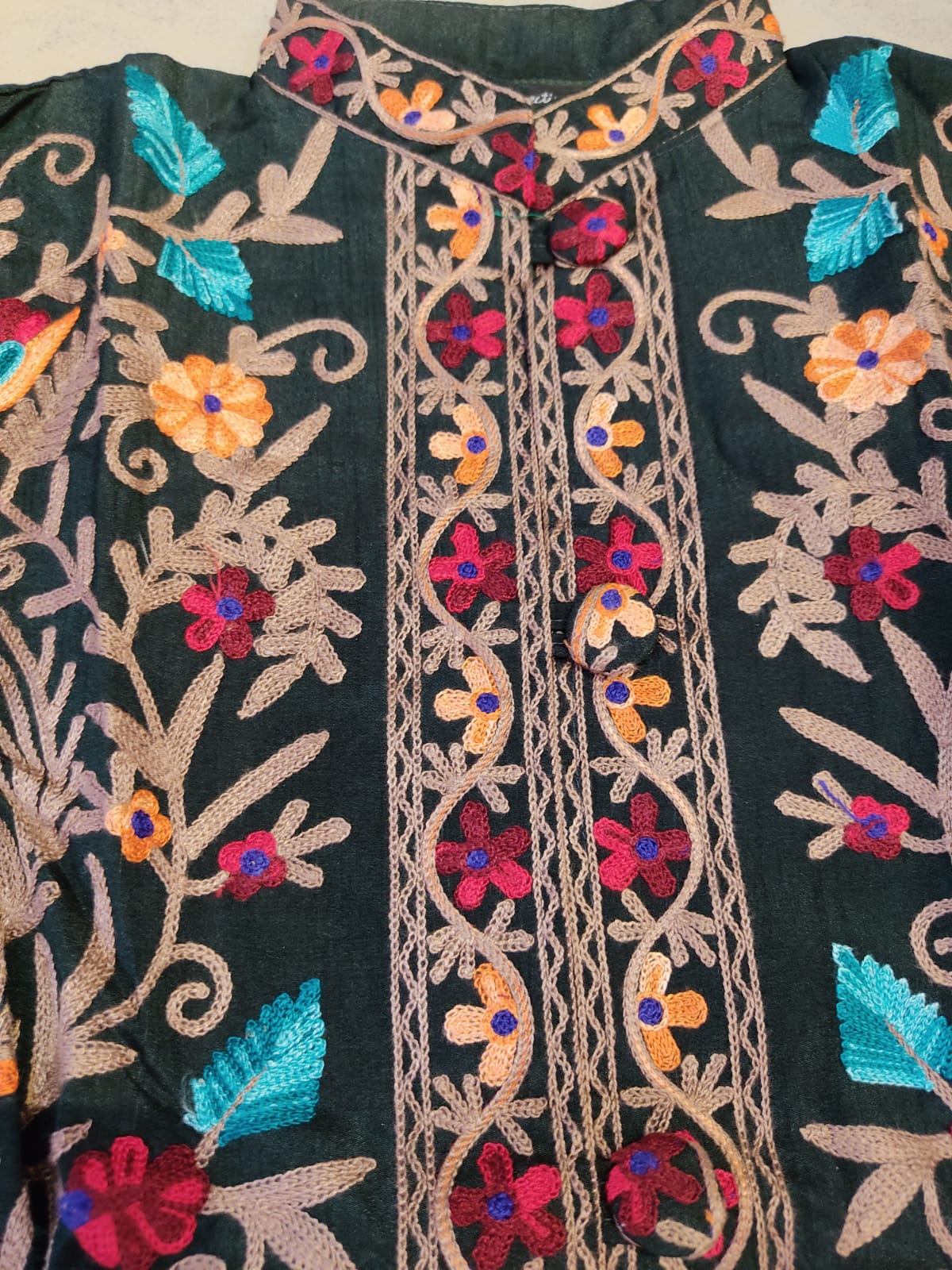 Artisan-Crafted Kashmiri Aari Embroidered Jacket - green Floral Statement Coat