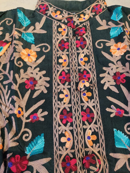 Artisan-Crafted Kashmiri Aari Embroidered Jacket - green Floral Statement Coat