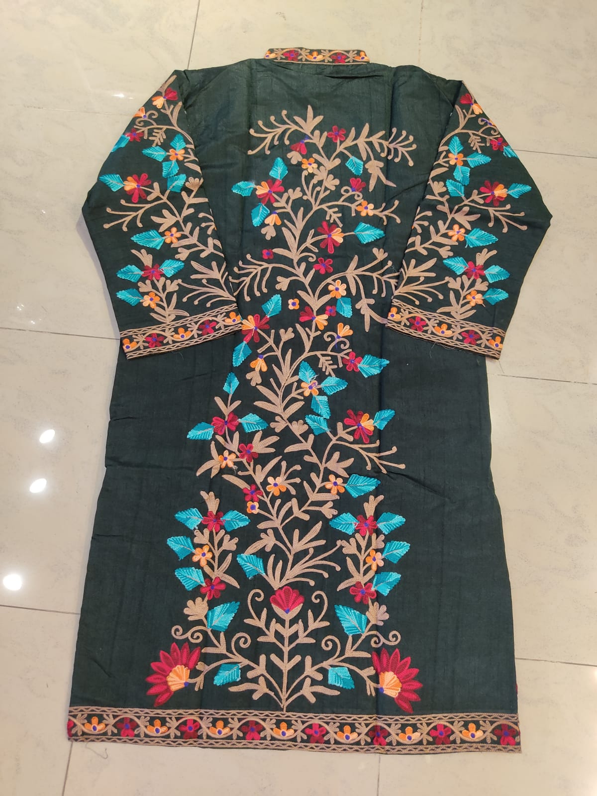 Artisan-Crafted Kashmiri Aari Embroidered Jacket - green Floral Statement Coat