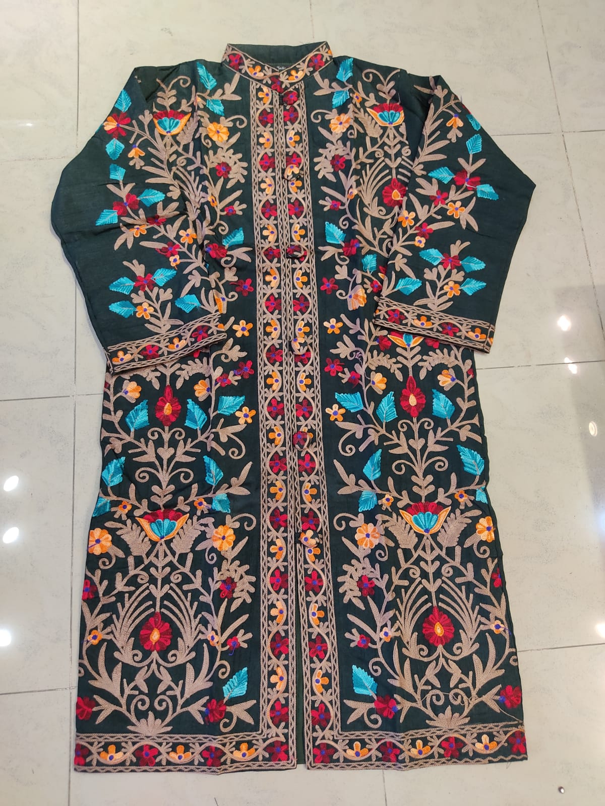 Artisan-Crafted Kashmiri Aari Embroidered Jacket - green Floral Statement Coat