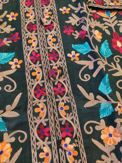Artisan-Crafted Kashmiri Aari Embroidered Jacket - green Floral Statement Coat