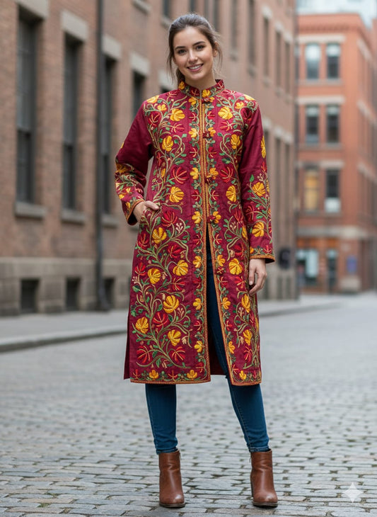Artisan-Crafted Kashmiri Aari Embroidered Jacket - Floral Statement Coat