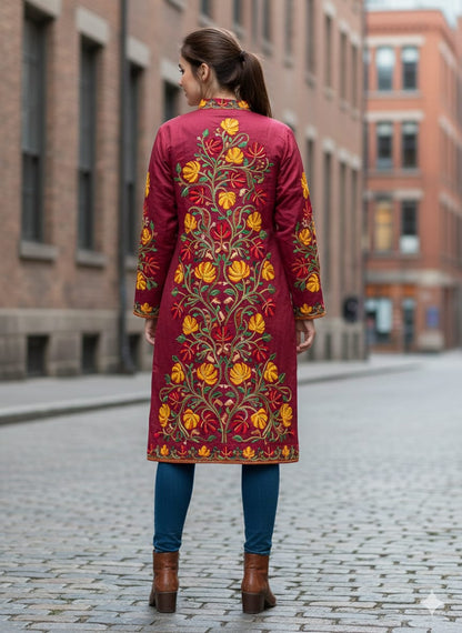 Artisan-Crafted Kashmiri Aari Embroidered Jacket - Floral Statement Coat