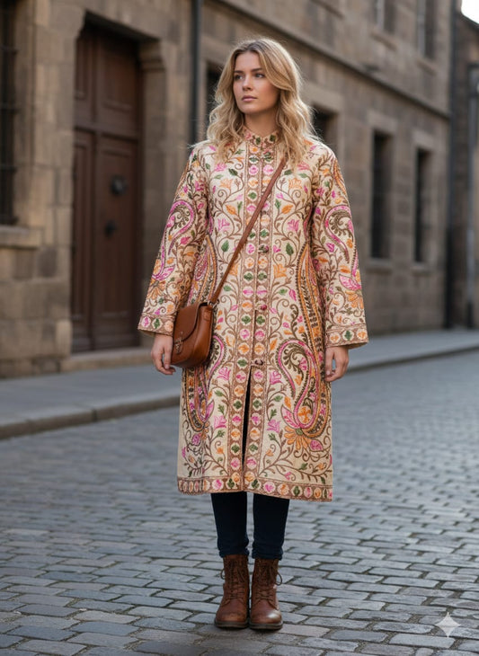 Artisan-Crafted Kashmiri Aari Embroidered Jacket - black and white Statement Coat