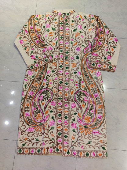 Artisan-Crafted Kashmiri Aari Embroidered Jacket - black and white Statement Coat