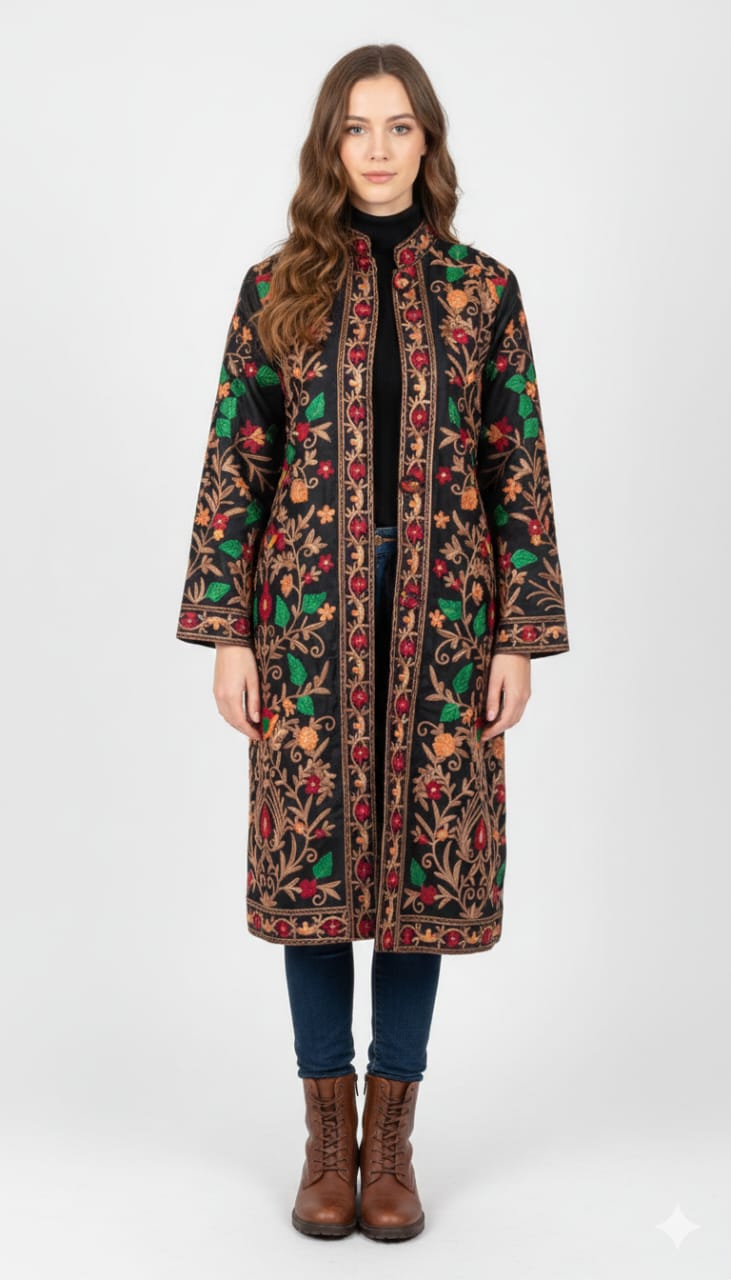 Artisan-Crafted Kashmiri Aari Embroidered Jacket - black Floral Statement Coat