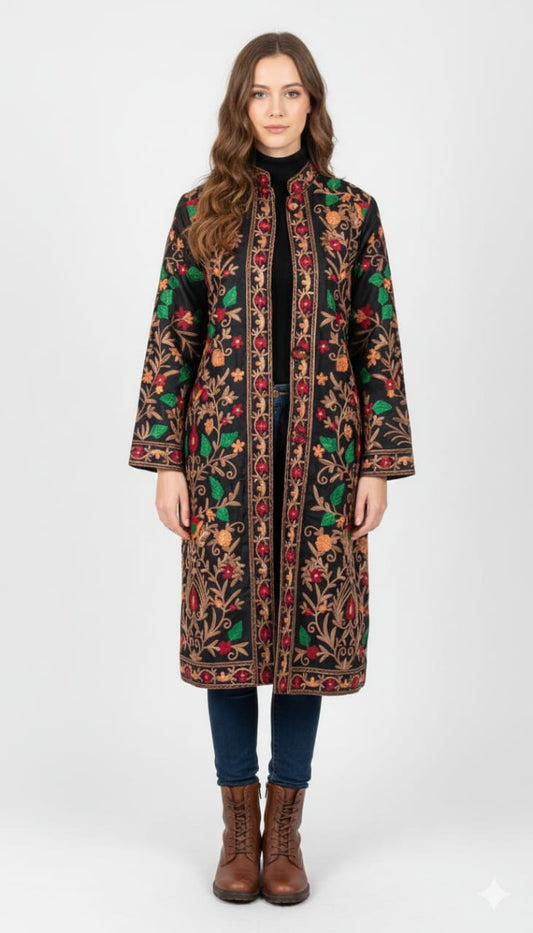 Artisan-Crafted Kashmiri Aari Embroidered Jacket - black Floral Statement Coat