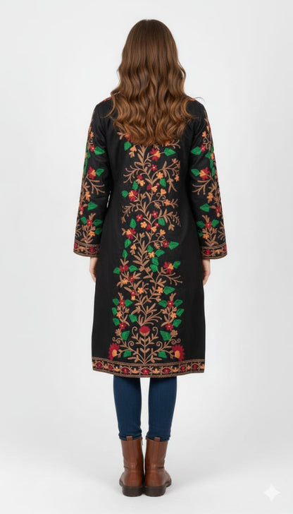 Artisan-Crafted Kashmiri Aari Embroidered Jacket - black Floral Statement Coat