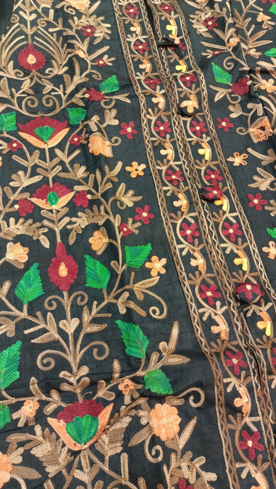 Artisan-Crafted Kashmiri Aari Embroidered Jacket - black Floral Statement Coat