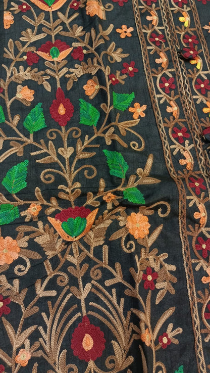 Artisan-Crafted Kashmiri Aari Embroidered Jacket - black Floral Statement Coat