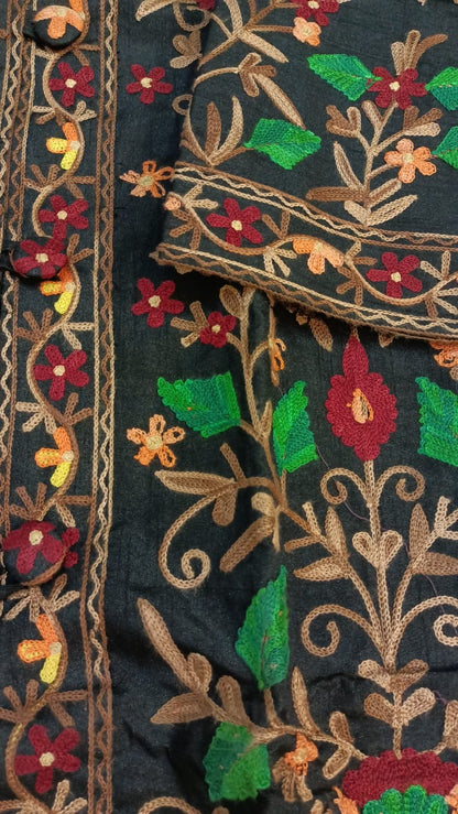 Artisan-Crafted Kashmiri Aari Embroidered Jacket - black Floral Statement Coat