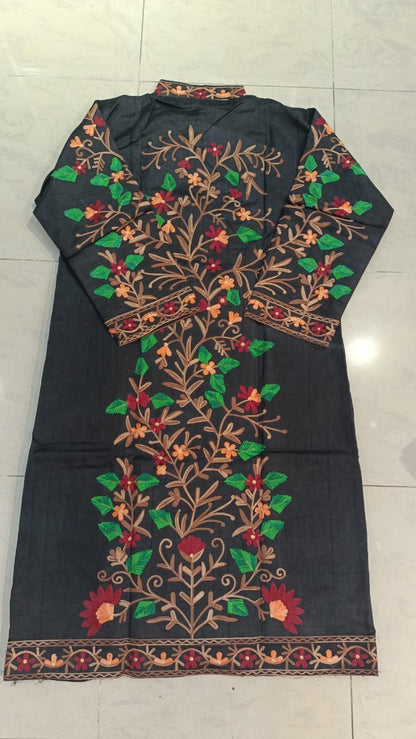 Artisan-Crafted Kashmiri Aari Embroidered Jacket - black Floral Statement Coat