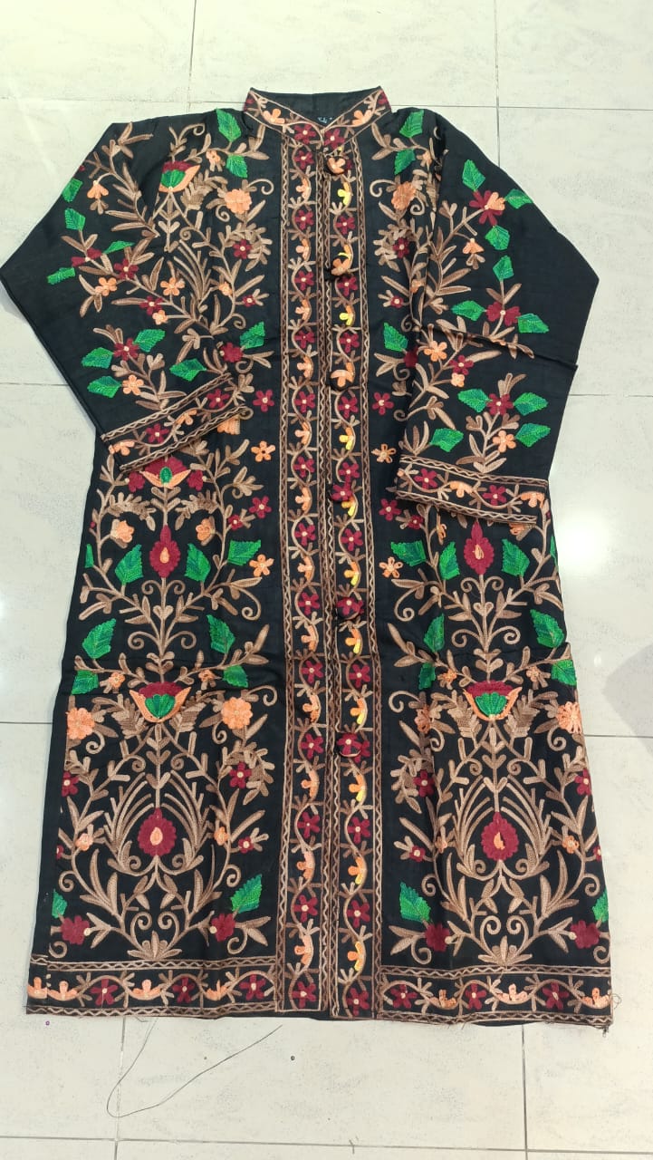 Artisan-Crafted Kashmiri Aari Embroidered Jacket - black Floral Statement Coat