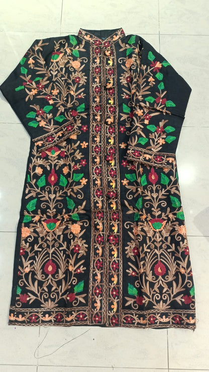 Artisan-Crafted Kashmiri Aari Embroidered Jacket - black Floral Statement Coat