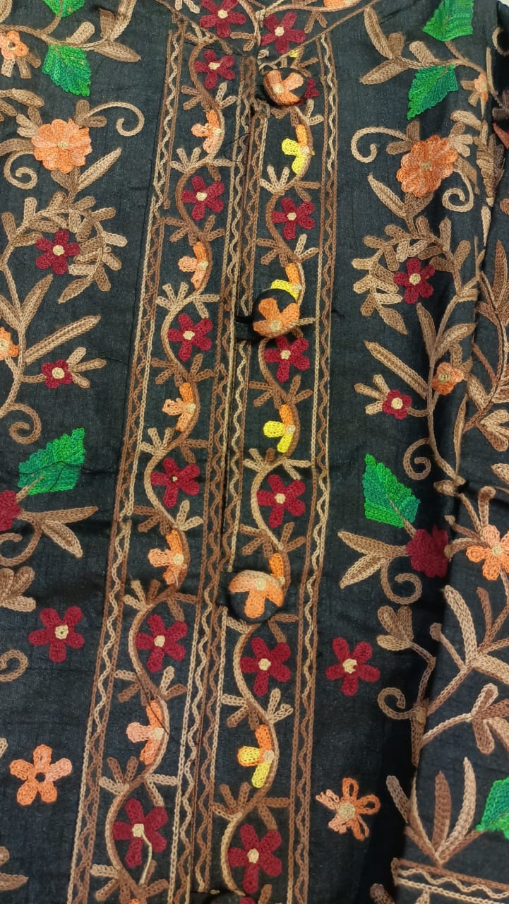Artisan-Crafted Kashmiri Aari Embroidered Jacket - black Floral Statement Coat