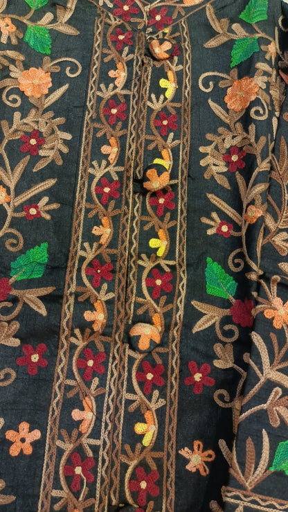 Artisan-Crafted Kashmiri Aari Embroidered Jacket - black Floral Statement Coat