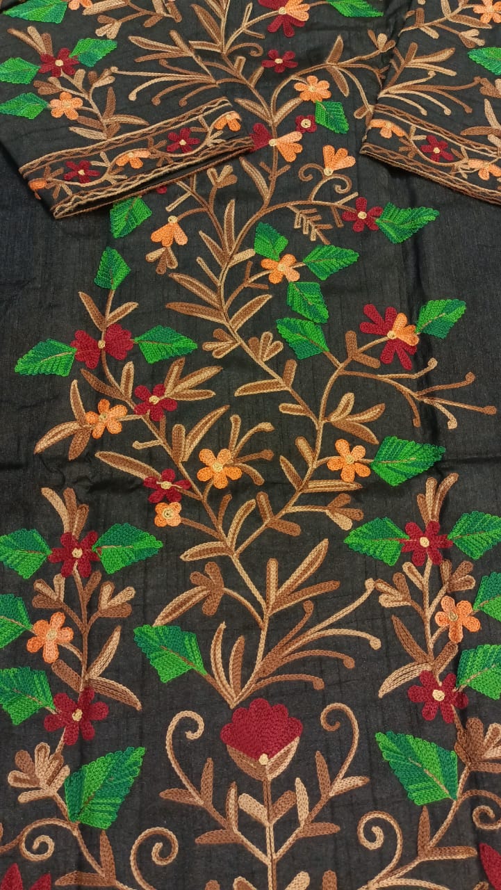 Artisan-Crafted Kashmiri Aari Embroidered Jacket - black Floral Statement Coat