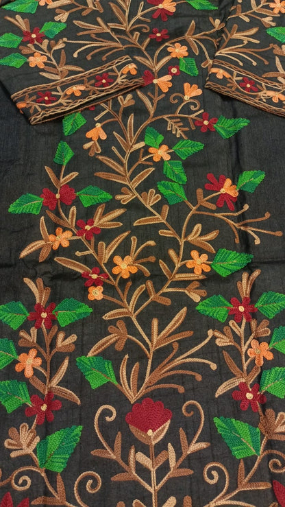 Artisan-Crafted Kashmiri Aari Embroidered Jacket - black Floral Statement Coat