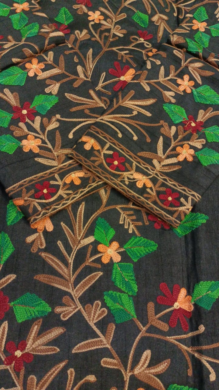Artisan-Crafted Kashmiri Aari Embroidered Jacket - black Floral Statement Coat