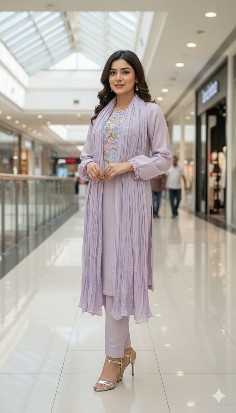 Embroidered Cotton Salwar Kameez Set | Machine Embroidery Neckline & Sleeves