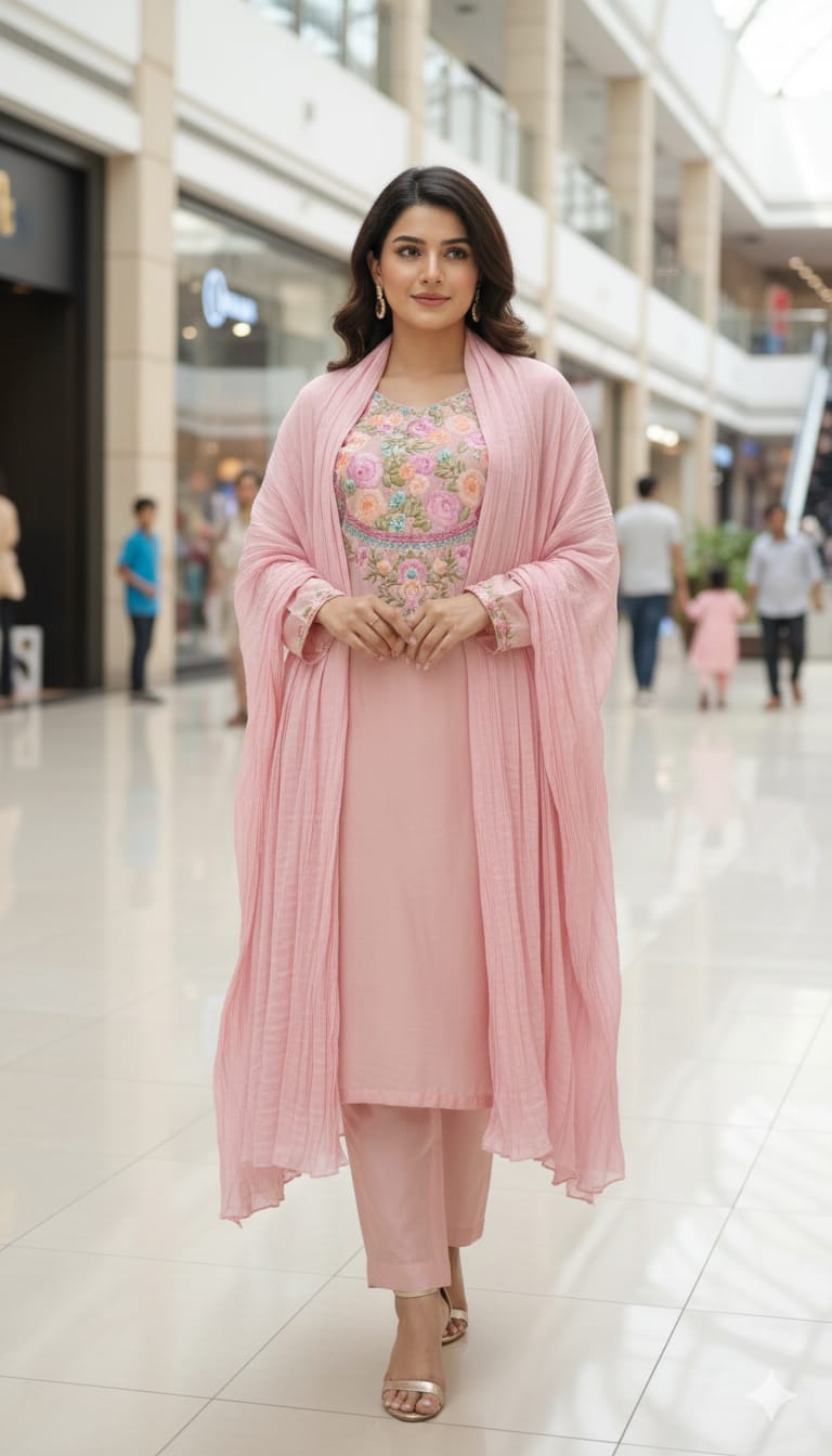 Pink Cotton Salwar Kameez Set with Floral Embroidery - 3 Piece Festive Suit with Crush  Silk Dupatta -