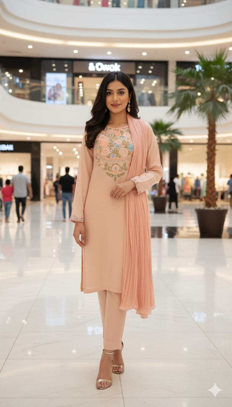 Embroidered Cotton Salwar Kameez Set | Machine Embroidery Neckline & Sleeves | Crush Cotton Dupatta