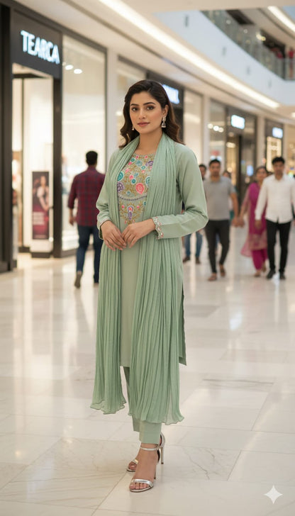 Sage Green Cotton Salwar Kameez with Floral Embroidery | 3-Piece | Machine Embroidered Neckline & Sleeves | Crush Cott
