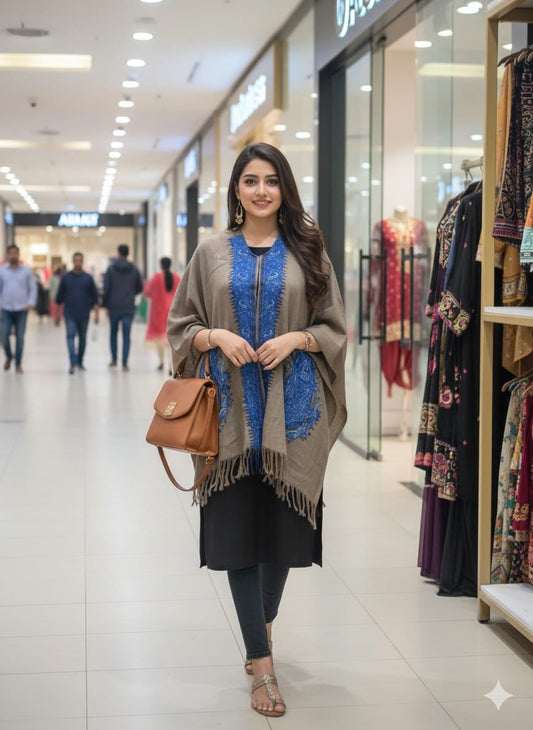 Pashmina Style Cape Shawl – Taupe & Cobalt Blue print