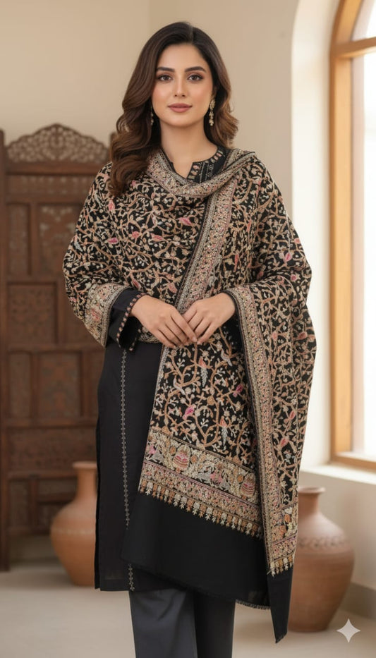 Black Pashmina Aari Embroidered Shawl  Bird & Vine Motif