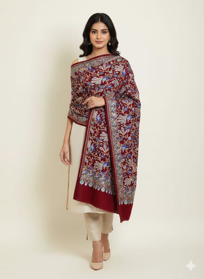 Luxury Maroon Pashmina Shawl with Intricate Multi-Colored Embroidery