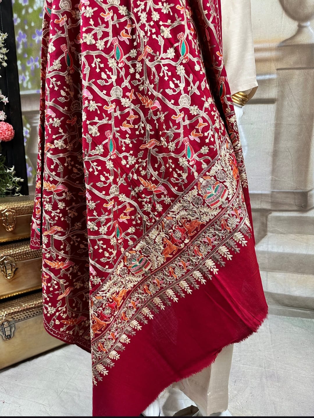 Luxury Birds Pashmina Shawl Maroon