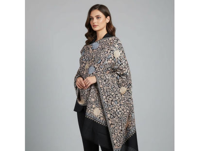 Black Pashmina Shawl with Intricate Floral Aari Embroidery