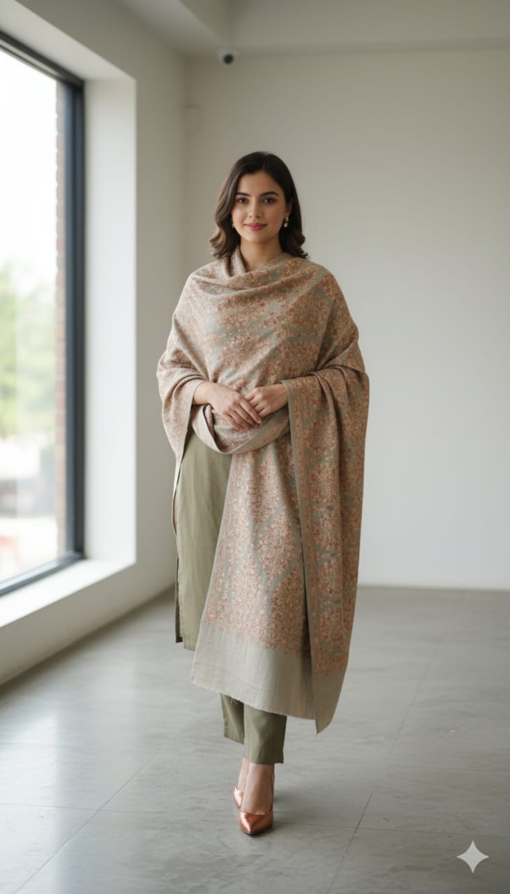 Elegant Beige & Rose Motif Pashmina Shawl