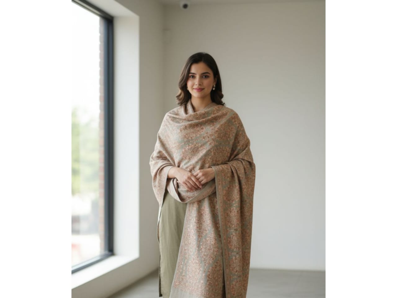 Elegant Beige & Rose Motif Pashmina Shawl