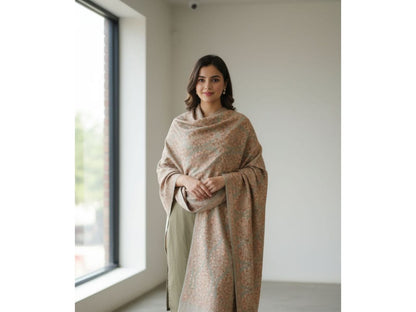 Elegant Beige & Rose Motif Pashmina Shawl