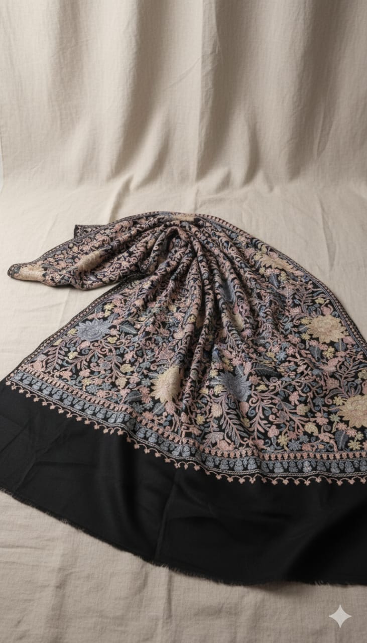 Black Pashmina Shawl with Intricate Floral Aari Embroidery