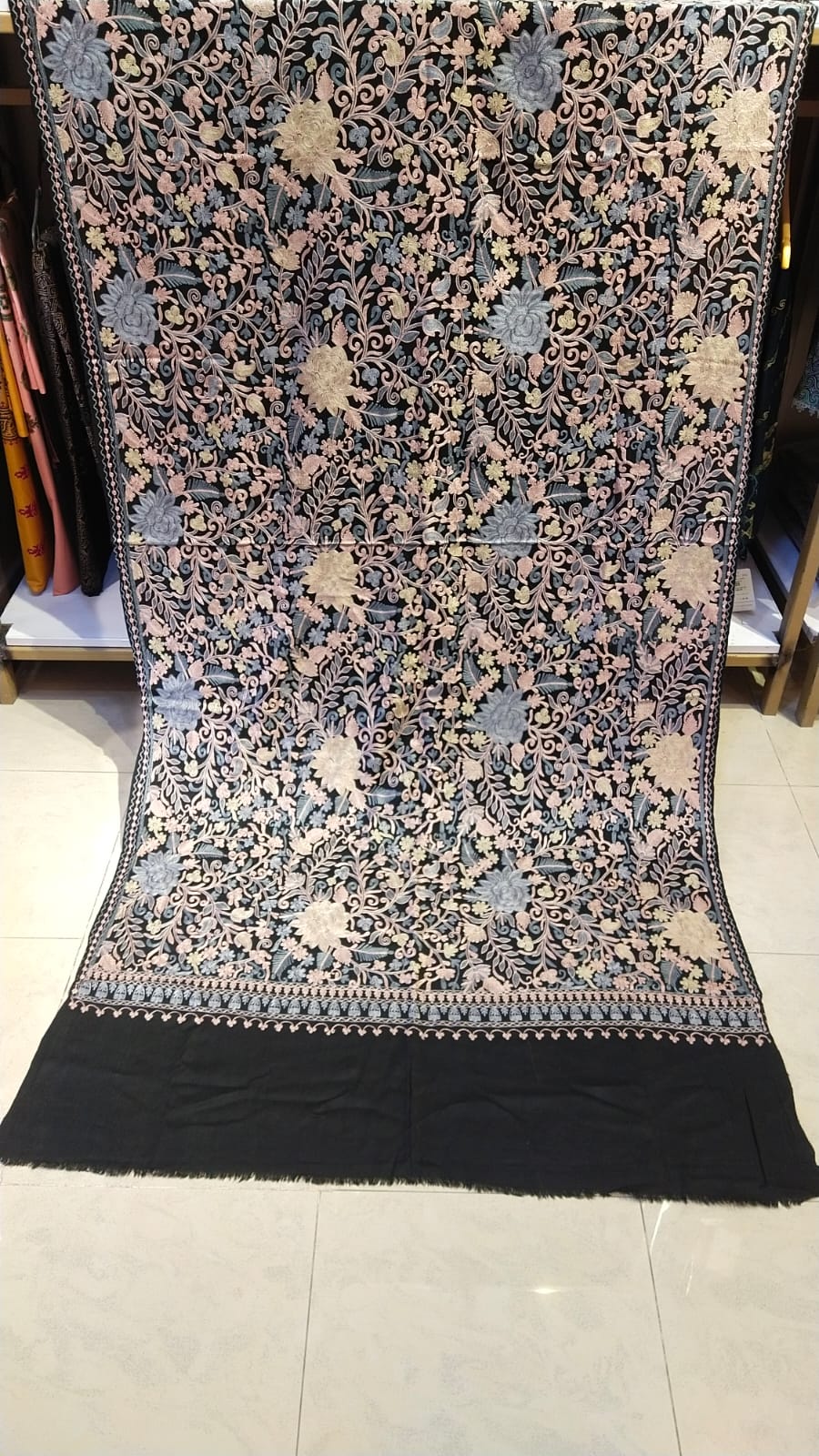 Black Pashmina Shawl with Intricate Floral Aari Embroidery
