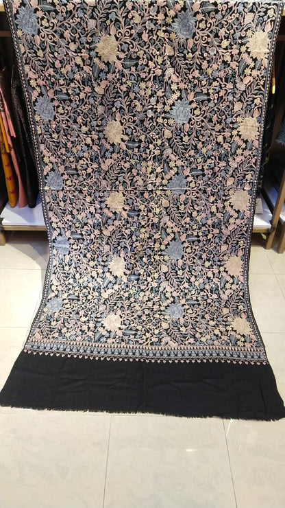Black Pashmina Shawl with Intricate Floral Aari Embroidery