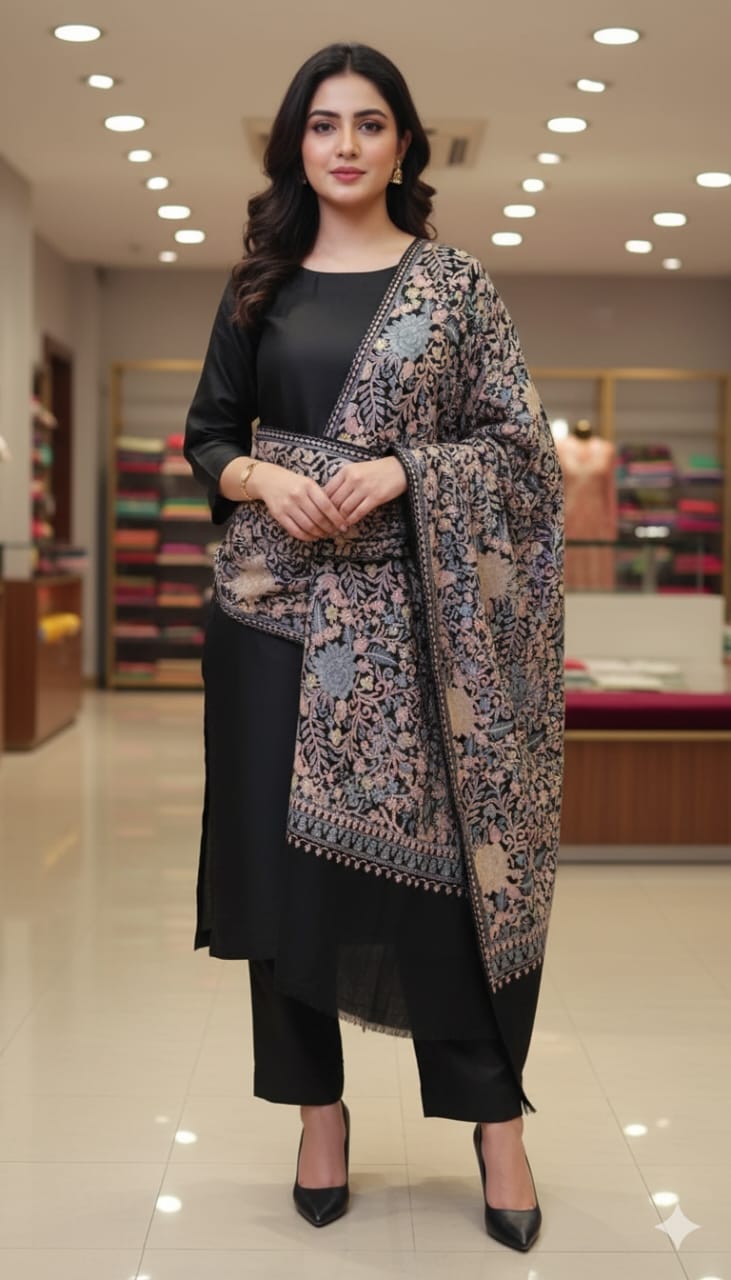Black Pashmina Shawl with Intricate Floral Aari Embroidery