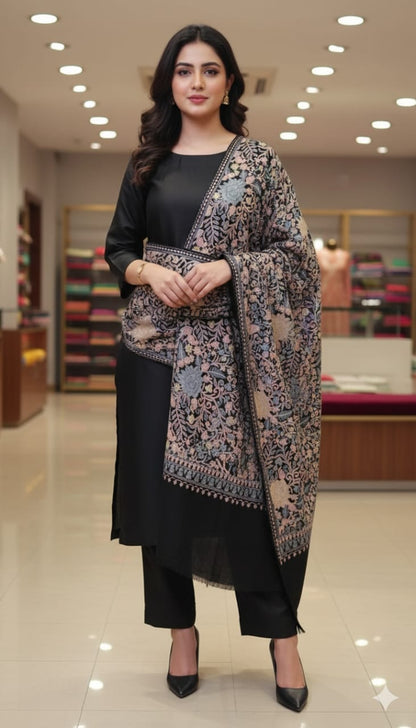 Black Pashmina Shawl with Intricate Floral Aari Embroidery