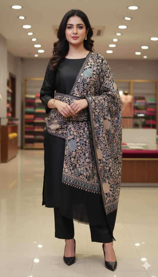 Black Pashmina Shawl with Intricate Floral Aari Embroidery