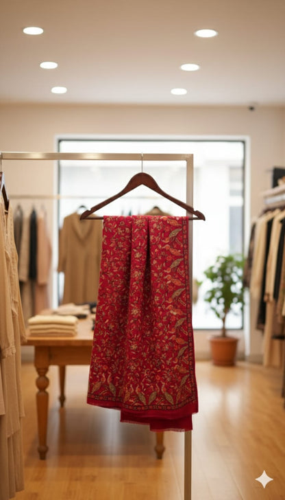 Luxury Red Pashmina Aari Embroidered Shawl Floral & Bird Motif