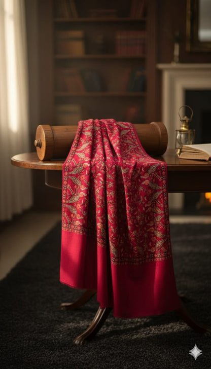 Luxury Red Pashmina Aari Embroidered Shawl Floral & Bird Motif