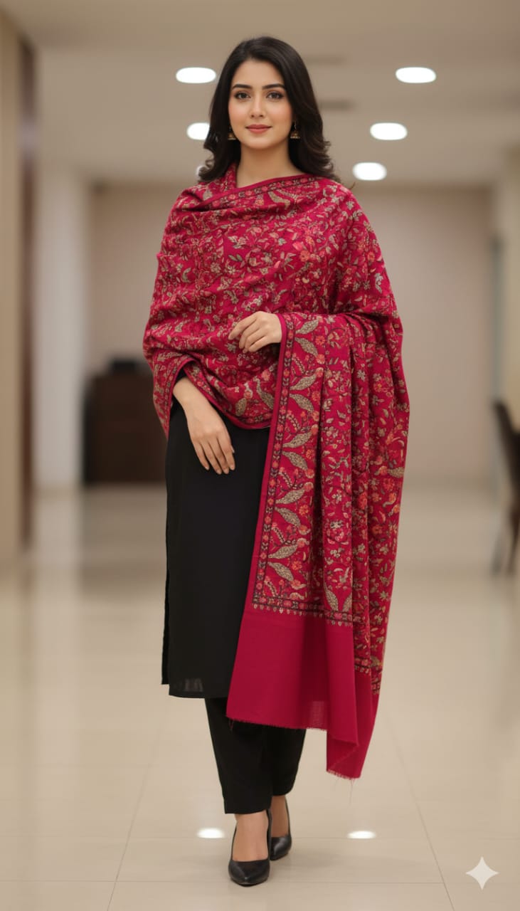 Luxury Red Pashmina Aari Embroidered Shawl Floral & Bird Motif