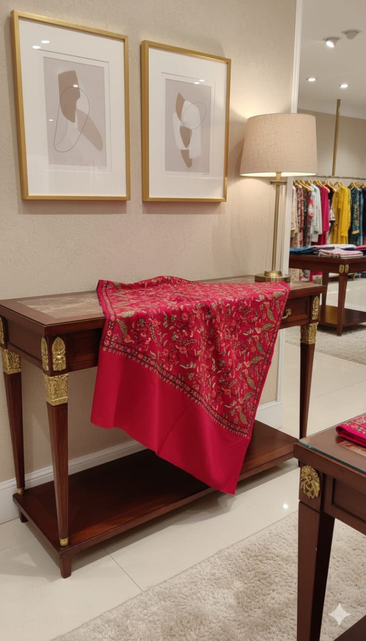 Luxury Red Pashmina Aari Embroidered Shawl Floral & Bird Motif