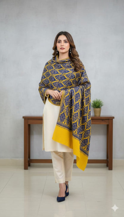 Mustard & Navy Blue Pashmina Aari Embroidered Shawl