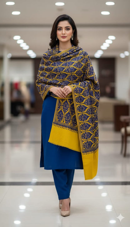 Mustard & Navy Blue Pashmina Aari Embroidered Shawl