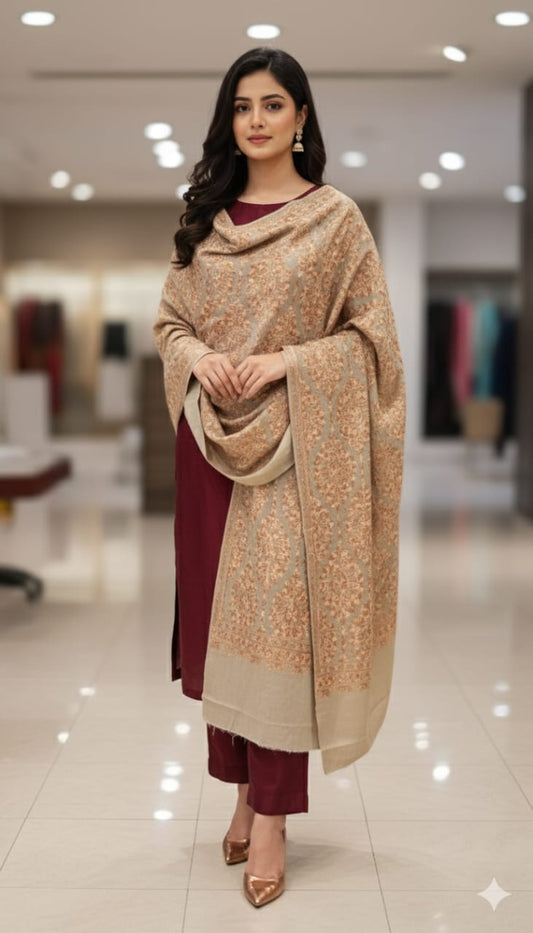 Elegant Beige & Peach Pashmina Aari Embroidered Shawl